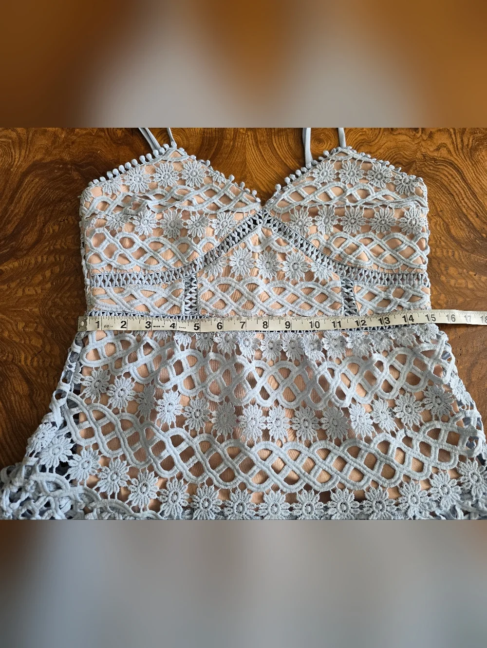 Just Me Light Blue Floral Crochet Lace Mini Dress Womens size Large - Picture 8 of 9